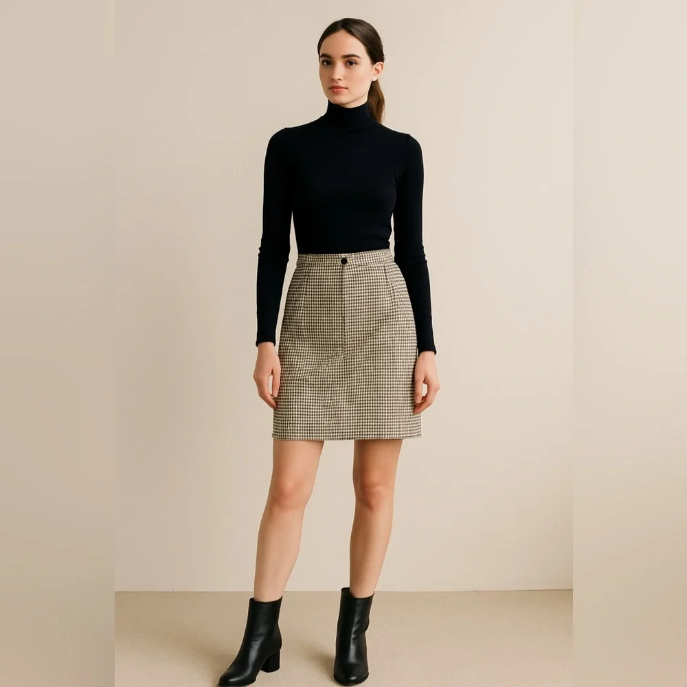 Vintage Jones New York Houndstooth Wool Skirt Size 8 Brown Black Lined Classic